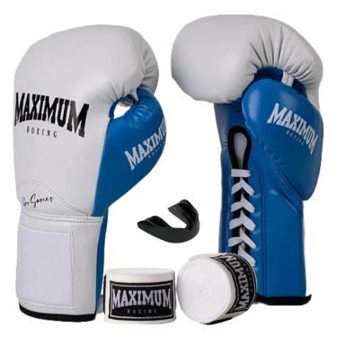 Imagem de Kit Luva Boxe Profissional  Pro Series com Cadarço Branco/Azul + Bandagem + Protetor Bucal - Maximum-Unissex