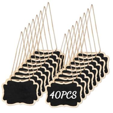 Imagem de 40 peças de mini etiquetas de quadro-negro com cordão para etiquetagem, placas de quadro-negro penduradas de 8,35 x 6,9 cm, placa de madeira para pendurar, placas de preço para buffet de festa (preto)