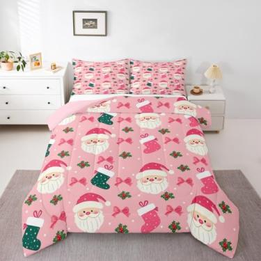 Imagem de jejeloiu Conjunto de cama de Natal macio para meninos e meninas, conjunto de edredom casal com laço, Papai Noel, edredom de microfibra, floco de neve, decoração de quarto, 3 peças com 2 fronhas