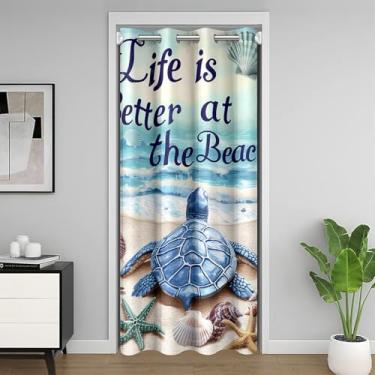 Imagem de Cortina de porta infantil tartaruga marinha, concha de estrela-do-mar, oceano, praia, cortina blackout para quarto, entrada de quarto, sala de estar, Life is Better at The BeachBlue Biege Privacy Door