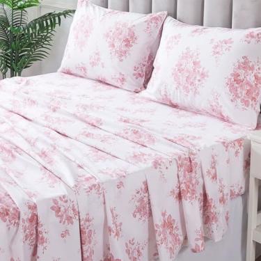 Imagem de FADFAY Conjunto De Lençóis Queen 100% Algodão, Florais Com Rosas Rosa, Roupa Cama Estilo Cottagecore Para Meninas E Mulheres, Lençol Elástico Vintage, Macio, Fresco Luxuoso, 4 Peças