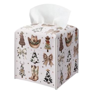 Imagem de Suporte de caixa de lenços de natal country, chapéu de botas de vaqueira, árvores de Natal, capa de caixa de lenços de couro quadrada, capa de papel decorativa facial para banheiro, cozinha