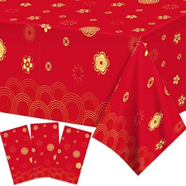 Imagem de Toalha de mesa vermelha de ano novo chinês, capas de mesa de plástico descartáveis para decorações de ano novo lunar, decorações de festa de inverno, 203 x 128 cm (3 peças)