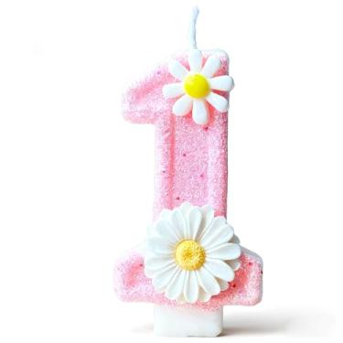 Imagem de Ayracat Velas de aniversário para bolo, 1ª vela de aniversário com glitter de flor branca para decoração de festa, número 1