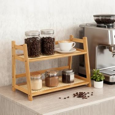 Imagem de Bgzdxhxyr Organizador de prateleira de copo de bambu, suporte de caneca de 2 camadas, prateleira de armazenamento de acessórios de chá matcha, prateleira de armazenamento dobrável para casa (Cáqui)