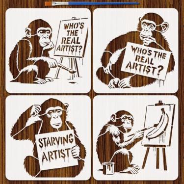 Imagem de FINGERINSPIRE 4 peças de estêncil de pintura Banksy com pincel 30 x 30 cm Who's The Real Artist Monkey Stencil Chimpanzés molde de plástico arte de parede estêncil grafite para pintura em tecido