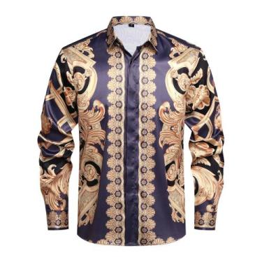 Imagem de Camisa masculina GSBOGOSSE, dourada, moda, luxo, cetim, manga comprida
