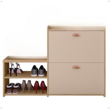 Imagem de Sapateira Organizadora Com Banco Integrado - 2 Portas Basculantes E Puxador Concha Milano Para Hall De Entrada, Quarto E Closet - Assento PráTico Para Vestir Sapatos(Hanover/Fendi)