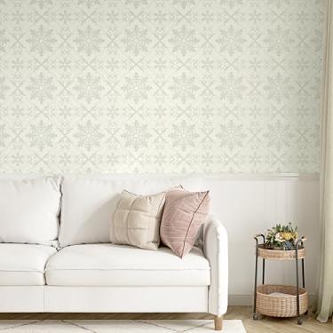 Imagem de Wallderful Papel de parede vintage damasco descasque e cole flocos de neve natureza papel de parede floral bege papel de contato geométrico removível Boho Natal papel de parede para cozinha banheiro