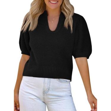 Imagem de Suéter Saodimallsu Puff de manga curta com decote em V para mulheres