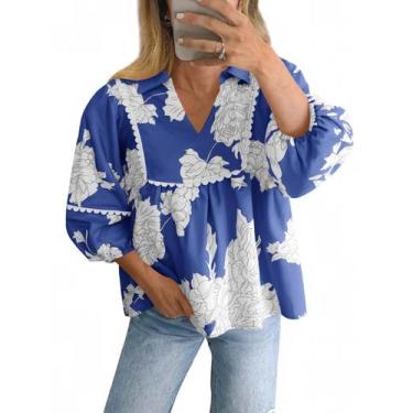 Imagem de Blusa feminina Tankaneo Floral Peplum Babydoll com decote em V azul ma