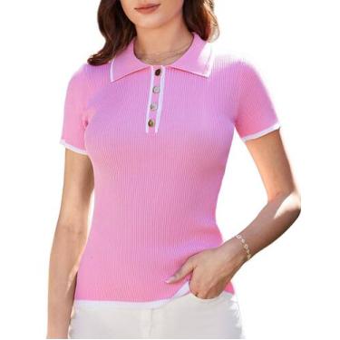 Imagem de Suéteres de verão para mulheres, camisola polo de malha rosa tamanho L