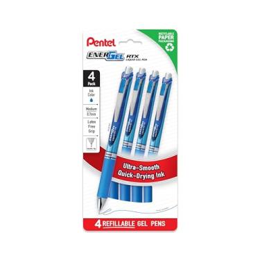 Imagem de Pentel Caneta de gel líquido EnerGel RTX, média (0,7 mm), tinta azul, sem plástico, pacote com 4 (BLN77PF4C)