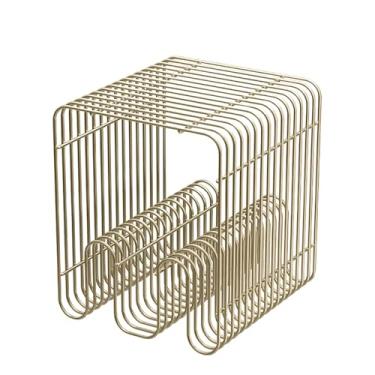 Imagem de Mesa lateral de metal, mesa de canto de metal com suporte de revistas, mesa de cabeceira minimalista moderna, mesa de canto de aço inoxidável com prateleira de armazenamento para sala de estar, quarto