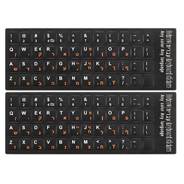 Imagem de 2 adesivos de teclado hebraico para PC, fundo preto, letras laranja para computador, laptop, notebook, desktop