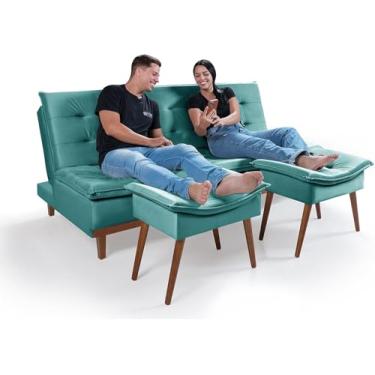 Imagem de Sofá-Cama Reclinável Santorini 3 Lugares com 2 Banquetas em Veludo Azul Turquesa Macio e Base em Madeira Maciça