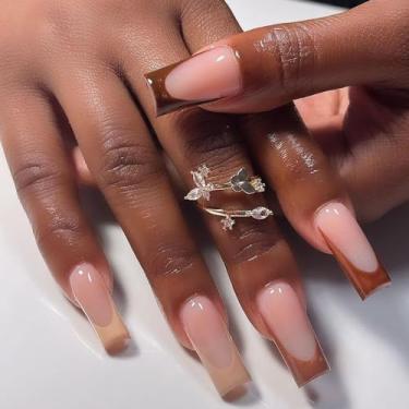 Imagem de Brown Press on Nails Kit Unhas postiças quadradas médias longas com design de cola de gel nas unhas para mulheres cobertura completa bastão falso acrílico manicure para casamento 24 peças