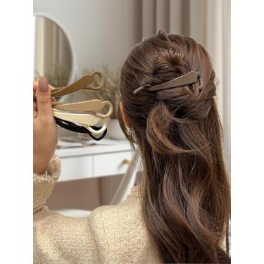 Imagem de Pacote com 5 grampos de cabelo femininos - grampos de cabelo de plástico de cor lisa simples em preto/branco/cáqui/marrom, acessórios de cabelo elegantes para trabalho/festa/uso diário presente