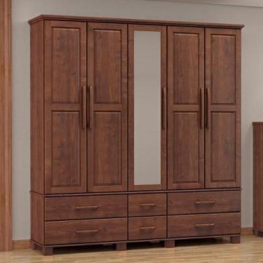 Imagem de Guarda Roupa 5 Portas 6 Gavetas Espelho Madeira Maciça 208 Cm 2253 Caf