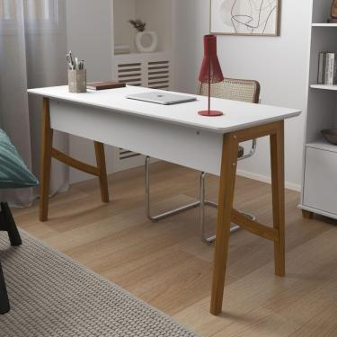 Imagem de Escrivaninha Taurus 1 Gaveta Mdf Pés Madeira Maciça Mesa De Estudo Aparador Moderno Branco