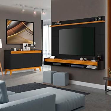 Imagem de Conjunto Sala de Estar Buffet e Painel Home Ripado 180cm Cor:preto/cedro
