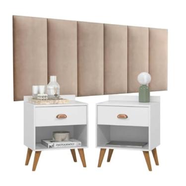 Imagem de Conjunto Para Quarto Cabeceira Julia Cama Queen Com 2 Mesas De Cabeceira Perola (Areia/Branco)