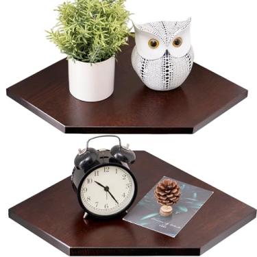 Imagem de Suporte de parede para prateleira de canto, conjunto de 2 prateleiras de canto flutuantes de madeira de carvalho maciça com orifício de arame para exibição de plantas pequenas para cozinha, sala de