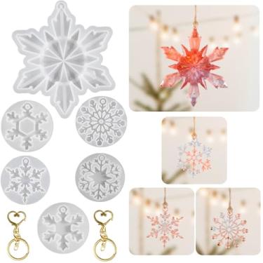Imagem de Porta-chaves moldes de resina de silicone com furo, 6 peças de moldes de silicone 3D de floco de neve de Natal com 2 chaveiros, enfeite de árvore de Natal de floco de neve faça você mesmo, moldes para