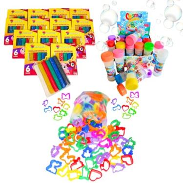 Imagem de 15 Massinha Modelar + 15 Giz de Cera + 15 Colorir + 30 Cortador p/Kit Festa Lembrancinha Infantil