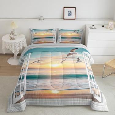 Imagem de jejeloiu Conjunto de cama Queen com tema de praia infantil, temática de gaivota, para decoração de quarto de meninos, meninas, adolescentes, náutico, litoral, edredom macio para praia havaiana com 2