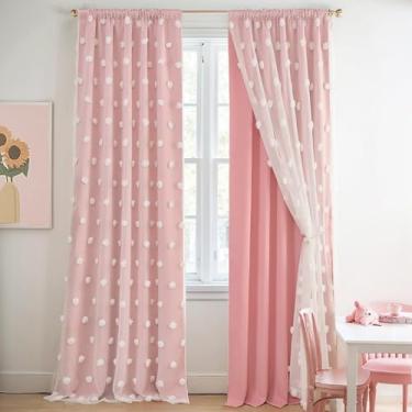 Imagem de Cortinas rosa 244 cm de comprimento, conjunto de 2 painéis para quarto, cortina de camada dupla com pompom branco transparente para sala de estar infantil berçário, aba traseira com bolso plissado