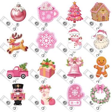 Imagem de Fullhawl Carretel retrátil de crachá de enfermeira de Natal rosa de inverno com clipe de identidade, boneco de neve, flocos de neve, suporte de crachá de presente de Natal para enfermagem, UTI