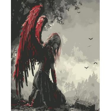 Imagem de XTXGERL Kit Paint by Numbers Asas vermelhas anjo caído para adultos em tela com pincéis, pigmento acrílico, pintura a óleo faça você mesmo para decoração de parede de casa (40 x 50 cm)