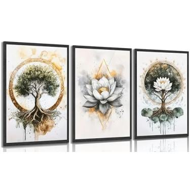 Imagem de 3 peças arte de parede de lótus meditação zen, espiritual, banheiro, ioga, spa, pôsteres, ilustrações, pinturas de árvore, imagens, decoração de parede para sala de estar, escritório, quarto