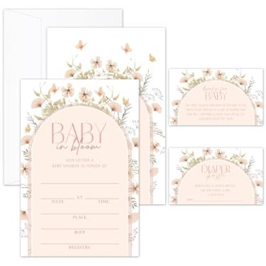 Imagem de Conjunto de convites para chá de bebê, convites de chá de bebê de flores silvestres para bebês meninas meninos, 25 convites com envelopes de solicitação de livro e ingressos de sorteio de fraldas