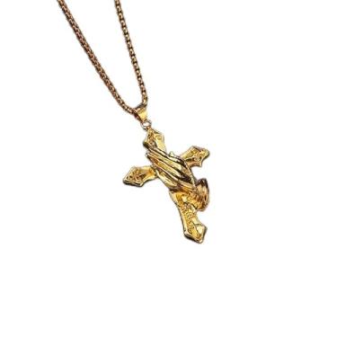 Imagem de Colar de mãos orando com cruz de Jesus prateado, pingente de Cristo, acessório cristão religioso masculino (ouro)