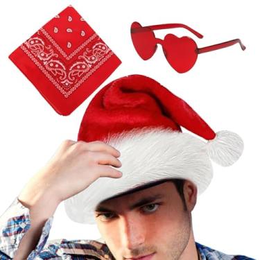 Imagem de Chapéu de vaqueiro do Natal, chapéu de vaqueiro do Papai Noel,Chapéu ocidental Chapéu de vaqueiro - 3 chapéus de aba larga com óculos de coração, chapéu de vaqueira ajustável, bandana vintage, acessór