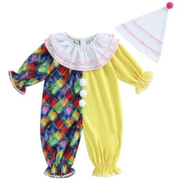 Imagem de Pudcoco Toddler Baby Boys Girls Halloween Clown Costume Long Sleeve Contrast Color Ruffle Layered Jumpsuit Romper with Hat (Yellow, 6-12 Months)