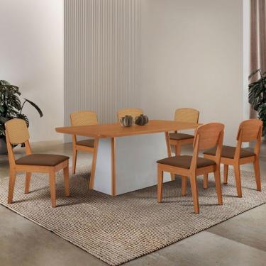 Imagem de Mesa Jantar Diane 180cm Tampo Mdf Lam 6 Cadeiras Copper Prem Moderna Veludo Marrom Naturale Off White