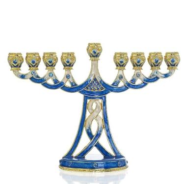 Imagem de Castiçal Menorá Hanukkah 9 ramos strass joias vintage judaico esmalte menorá ornamento (azul)