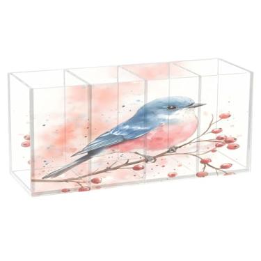 Imagem de SEHANY Lindo porta-canetas de acrílico com flores em aquarela, pássaro, 4 compartimentos, porta-lápis transparente, organizador de pincéis de maquiagem, organizador de papelaria para escritório, casa