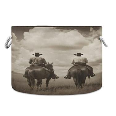 Imagem de SEHANY Cesta grande de armazenamento redonda de cowboy do deserto ocidental com alça de corda, cesto de roupa suja de lona para armazenamento de cobertores, cesta de armazenamento infantil para quarto