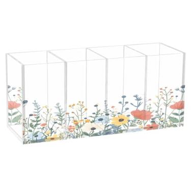 Imagem de SEHANY Porta-canetas de acrílico com flores silvestres coloridas, 4 compartimentos, porta-lápis transparente, organizador de pincéis de maquiagem, organizador de papelaria para escritório, casa
