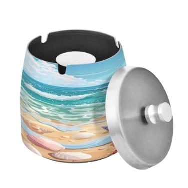 Imagem de Blueangle Cinzeiro de estrela do mar e coral com tampa para cigarros, à prova de vento/chuva, aço inoxidável, sem fumaça, inodoro, cinzeiro para uso interno ou externo (133)