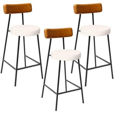 Imagem de Kit 03 Banquetas Baixa Cozinha Sala Jantar Bancada Milão L02 Couríssimo Whisky Linho Cru - Lyam Decor