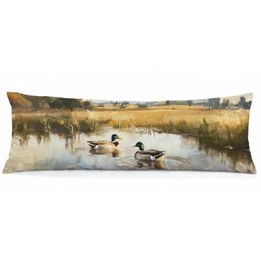 Imagem de WARDOS Capa de travesseiro rústica de pato, pato, 51 x 132 cm, decoração de casa de campo, vintage, vida selvagem, pato decorativo, longo corpo, para sofá, quarto, sala de estar, cabine doméstica
