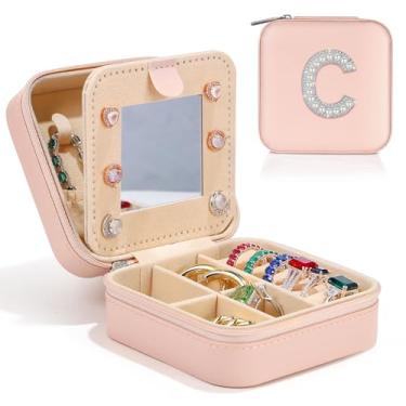 Imagem de Caixa de joias de viagem, caixas de joias com inicial para mulheres, presentes de aniversário para mulheres, presentes de Natal personalizados rosa fofos para ela, estojo de joias de viagem, portátil