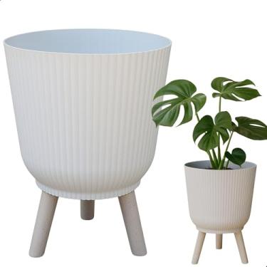 Imagem de Cachepô 14,5L 30cm x 27,5cm Branco com Tripé Acabamento Madeira Granito - Polipropileno Duro e Resistente - Vaso Decorativo Elegante para Plantas - Top Garden