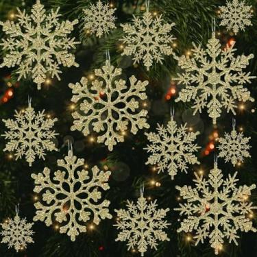 Imagem de 18 peças de ornamentos dourados de floco de neve a laser – decoração brilhante para pendurar, perfeito para árvore de Natal, parede, festa de férias e presente de tecido