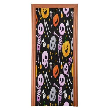 Imagem de Qilmy Decoração de capa de porta 81 x 200 cm tecido grande placa de decoração de festa de Halloween para porta da frente Halloween bonito caveira varanda decoração externa janela parede 536